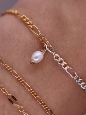Dual Tone Figaro Bracelet with Fresh Water Pearl Charm
