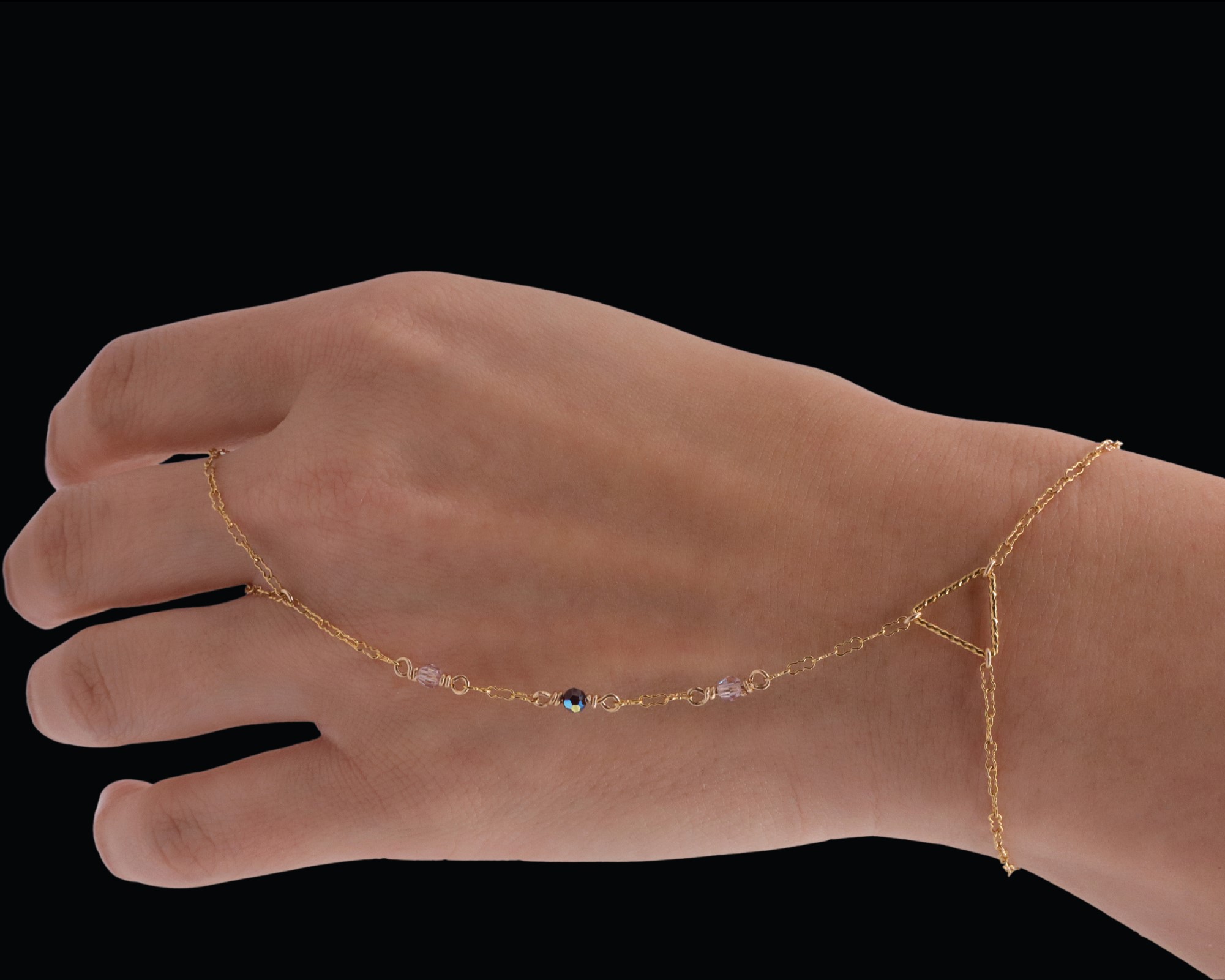 14k Gold Hand-chain with golden shiny Triangle & Swarovski Crystals