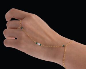 14k Gold Filled Hand Chain with Freshwater Pearls and Emerald Green Swarovski Crystals