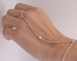 Handmade Sterling Silver Hand Chain with Freshwater Pearls & Swarovski Crystals
