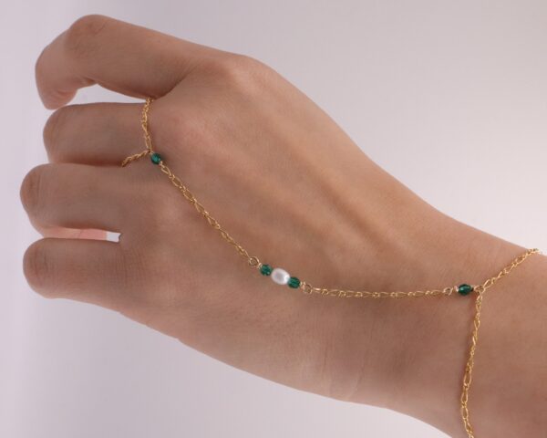 14k Gold Filled Hand Chain with Freshwater Pearls and Emerald Green Swarovski Crystals