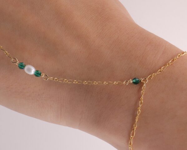 14k Gold Filled Hand Chain with Freshwater Pearls and Emerald Green Swarovski Crystals