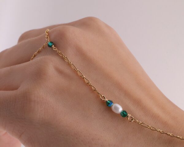 14k Gold Filled Hand Chain with Freshwater Pearls and Emerald Green Swarovski Crystals