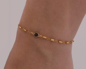 14K Gold Barrel Chain - Genuine Black Spinel Birthstone Bracelet